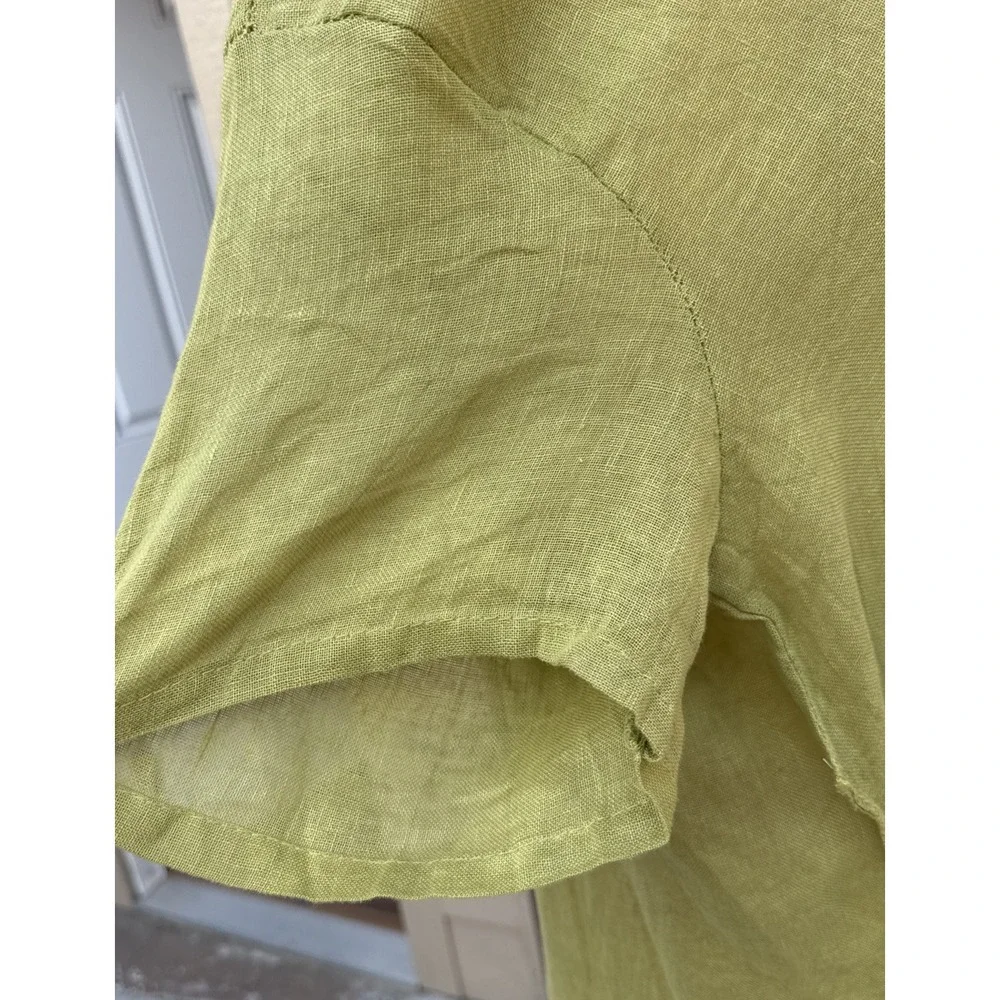 Made in Italy Linen Lagenlook Tunic Dress Chartreuse Asymmetrical Ruched Yellow